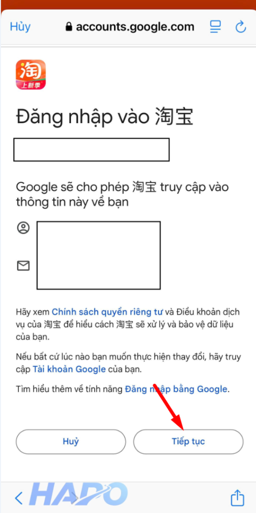 Kiểm tra thông tin và bấm Tiếp tục 