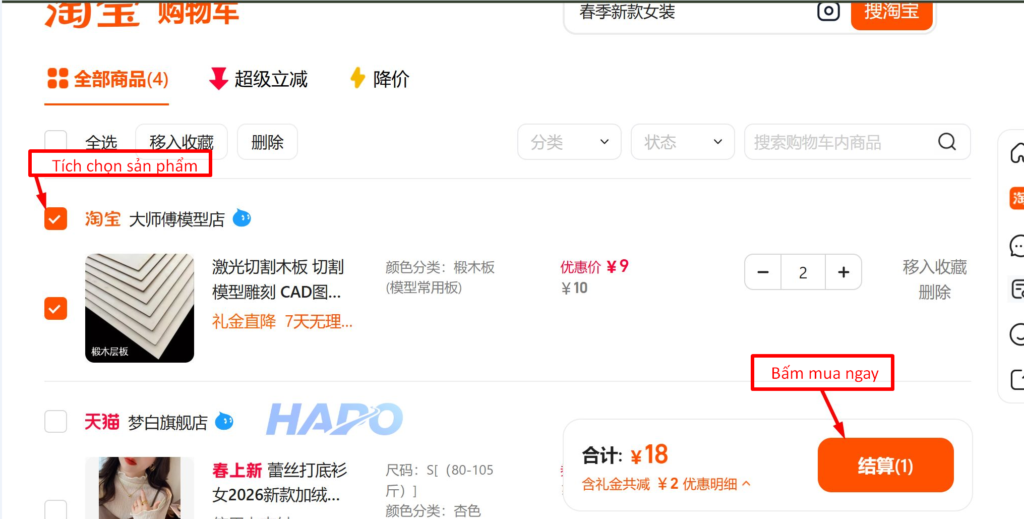 Vào giỏ hàng và chọn sản phẩm