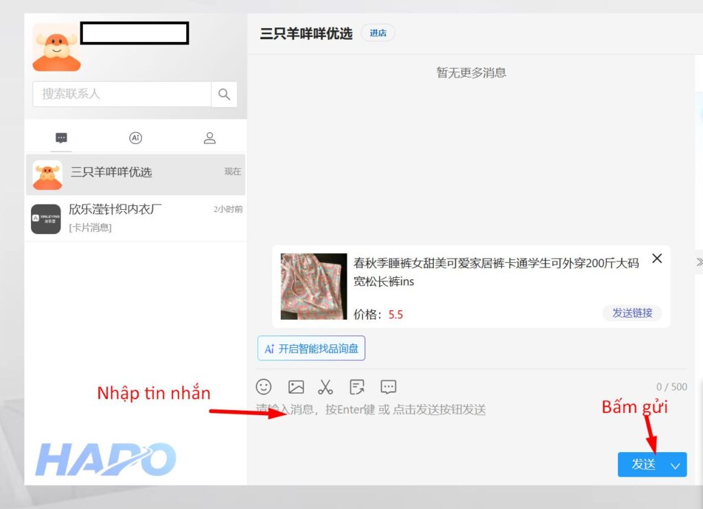 Hướng dẫn cách chat shop trên 1688 khi mua hàng chi tiết Gửi tin nhắn cho shop