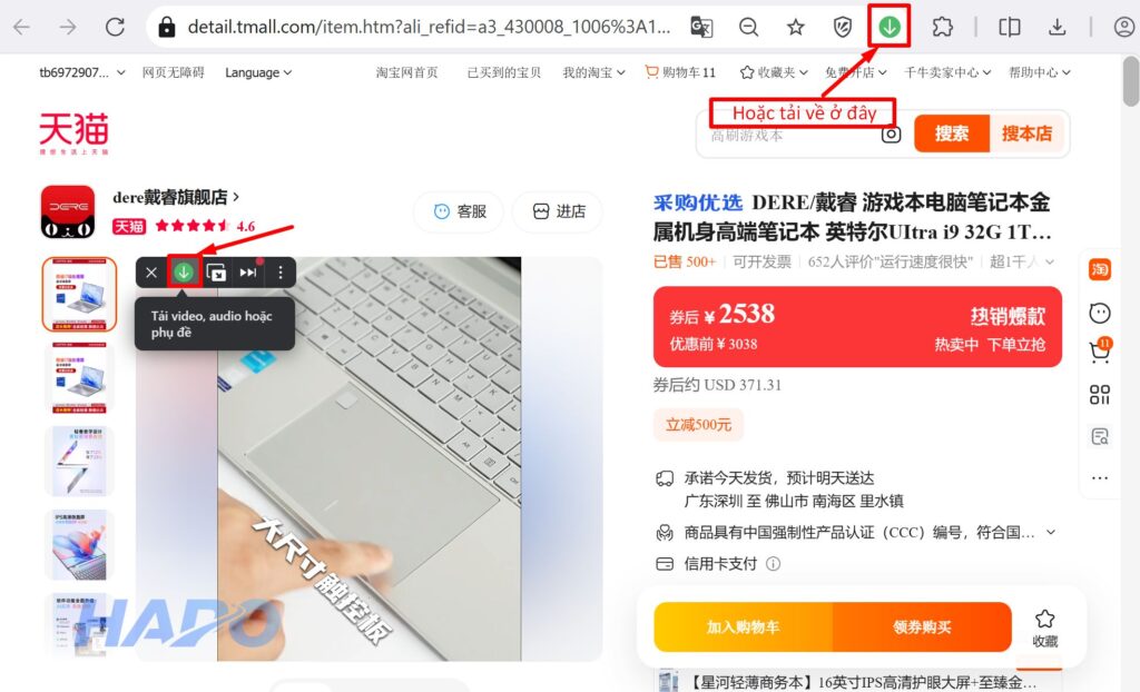 Chọn mũi tên để tải video về máy