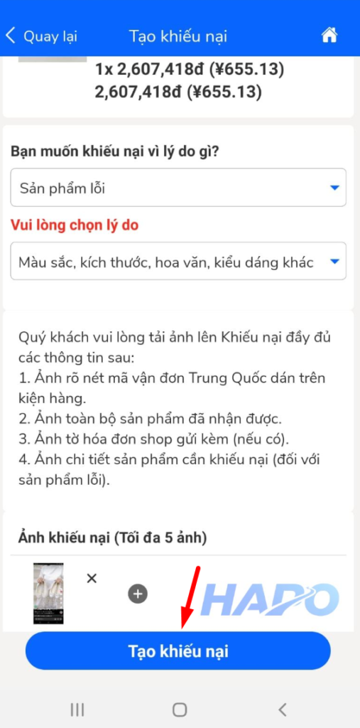bấm tạo khiếu nại