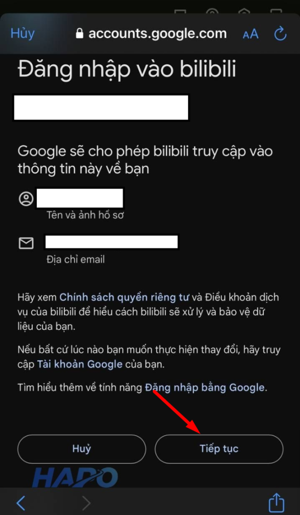 Ấn Tiếp tục để cho phép đăng nhập 