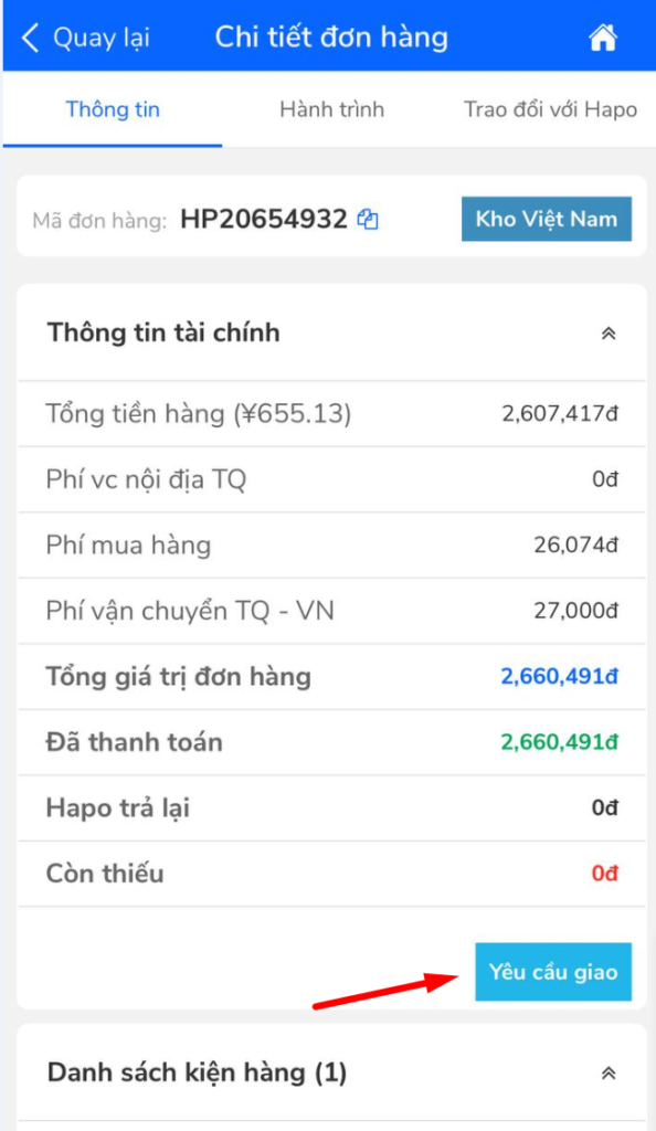 Hướng Dẫn Đặt Hàng Trung Quốc Qua App Hapo Bấm yêu cầu giao