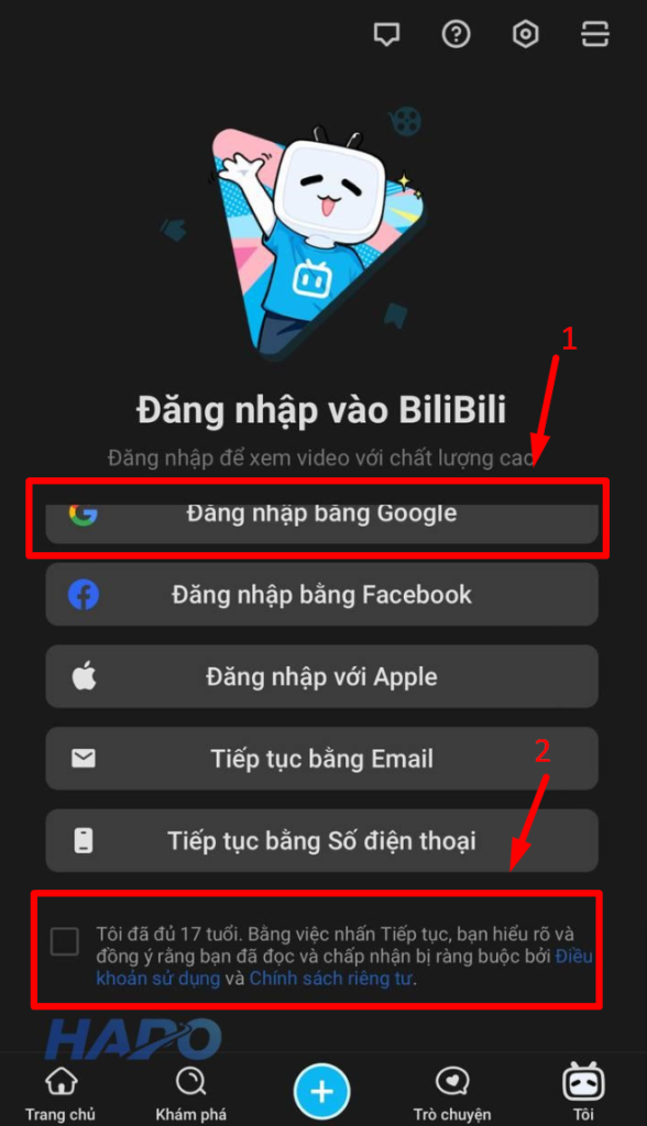 Chọn đăng nhập bằng Google 