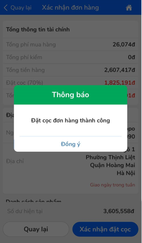 Hướng Dẫn Đặt Hàng Trung Quốc Qua App Hapo Đặt cọc đơn hàng thành công
