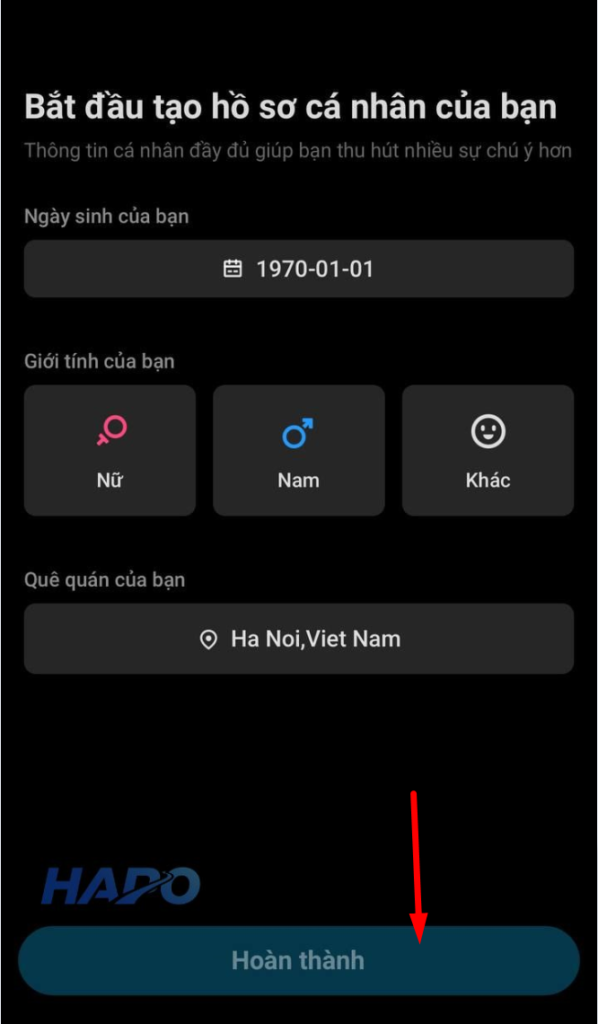 Thiết lập ngày tháng năm sinh và giới tính 