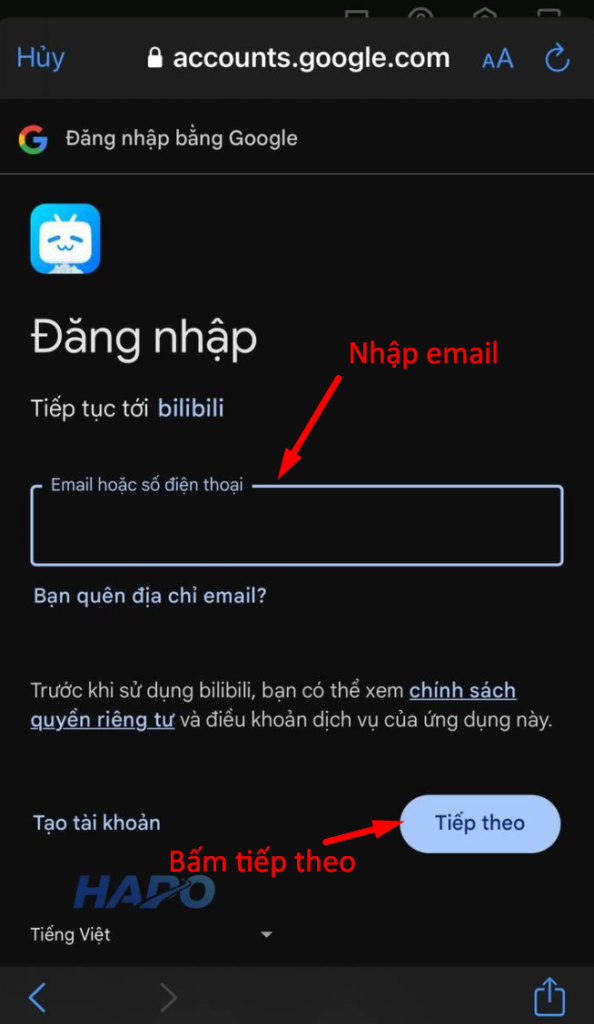 Nhập email để đăng nhập 