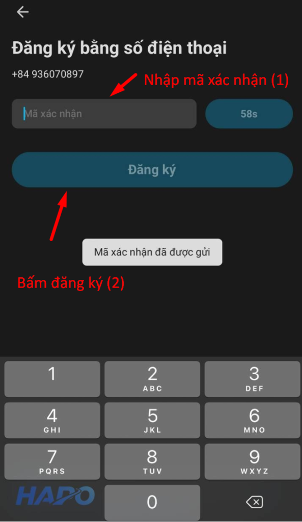 Nhập mã OTP được gửi về điện thoại 