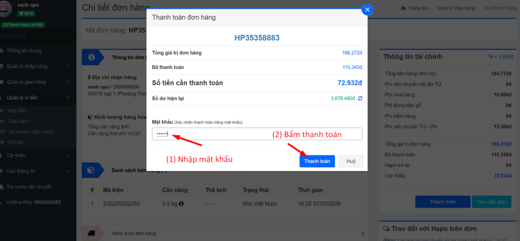 Nhập mật khẩu và bấm thanh toán