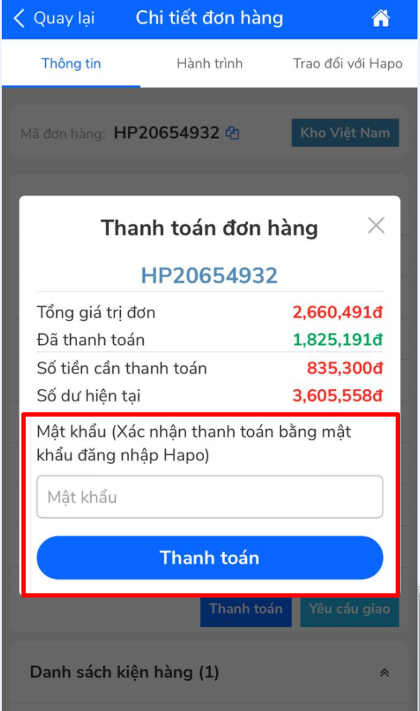 Hướng Dẫn Đặt Hàng Trung Quốc Qua App Hapo Nhập mật khẩu và thanh toán