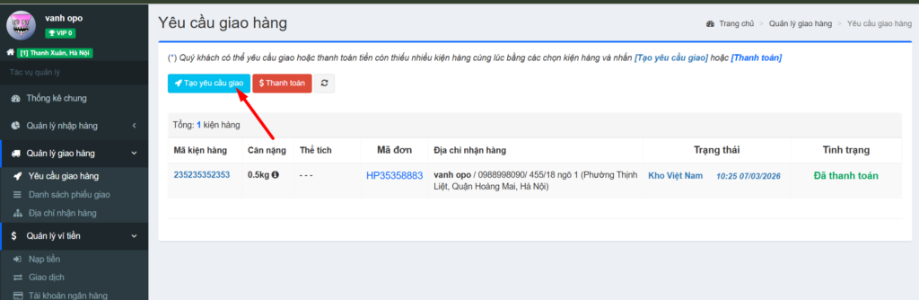 Tạo yêu cầu giao hàng