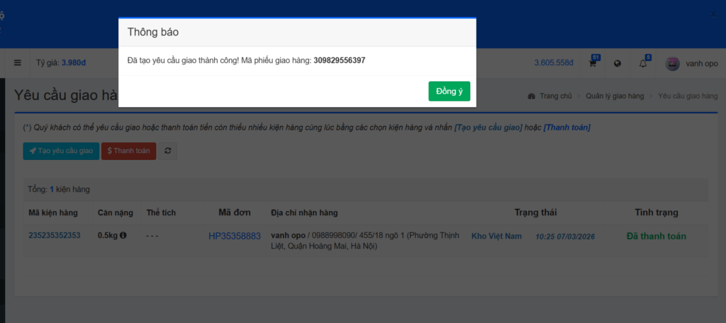 Tạo yêu cầu giao thành công