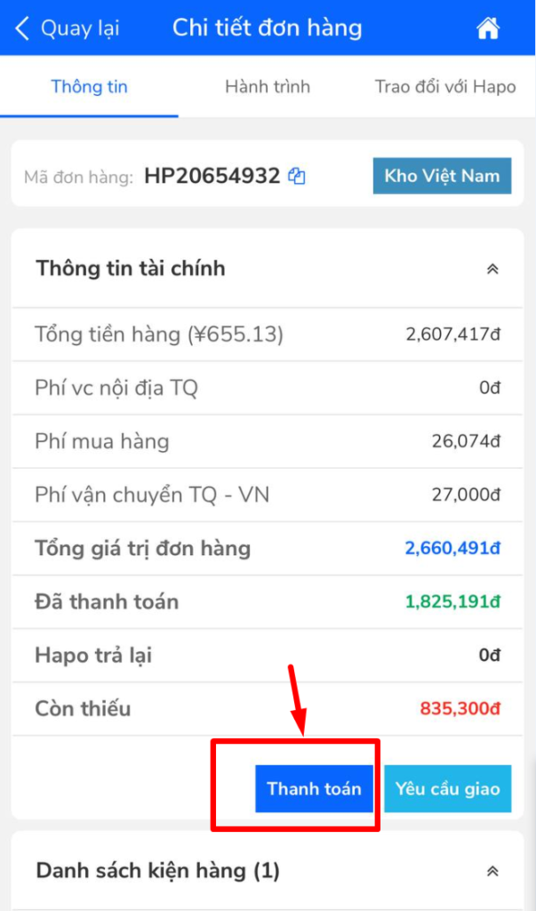 Hướng Dẫn Đặt Hàng Trung Quốc Qua App Hapo Thanh toán tiền còn lại