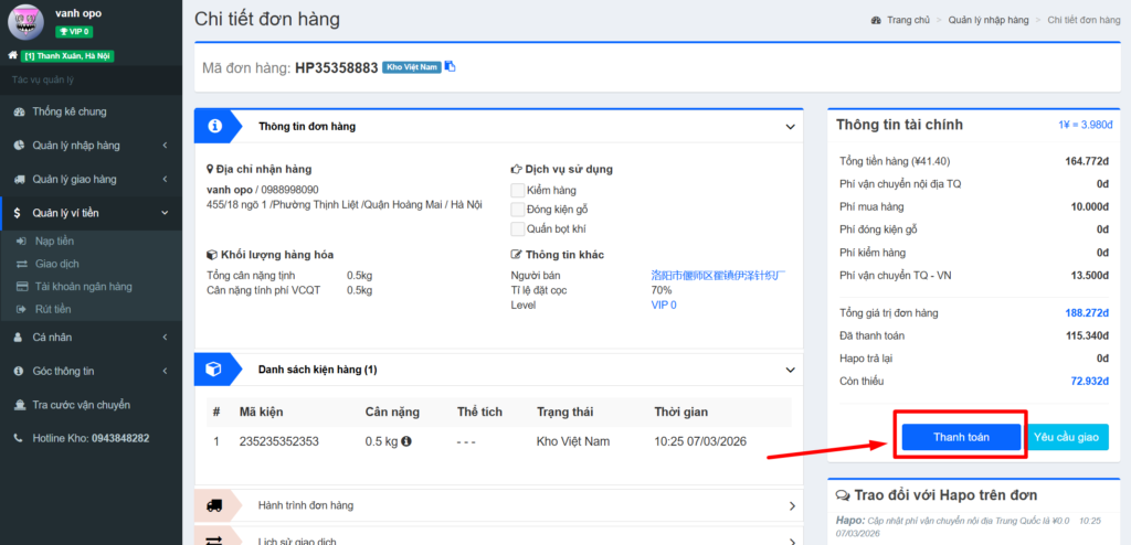 Thanh toán tiền còn lại 