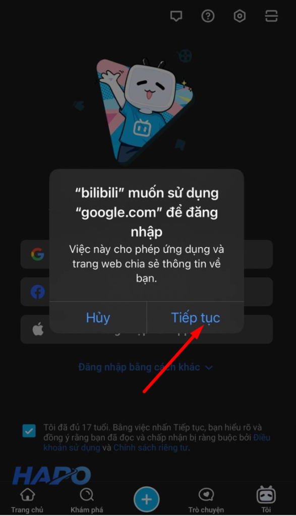 Chọn Tiếp tục để đồng ý 