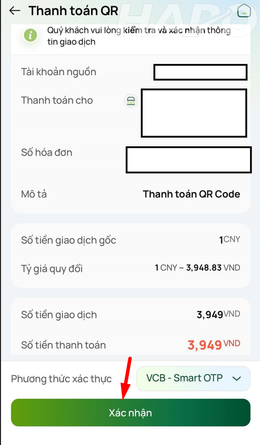 Nhấn Xác nhận thanh toán