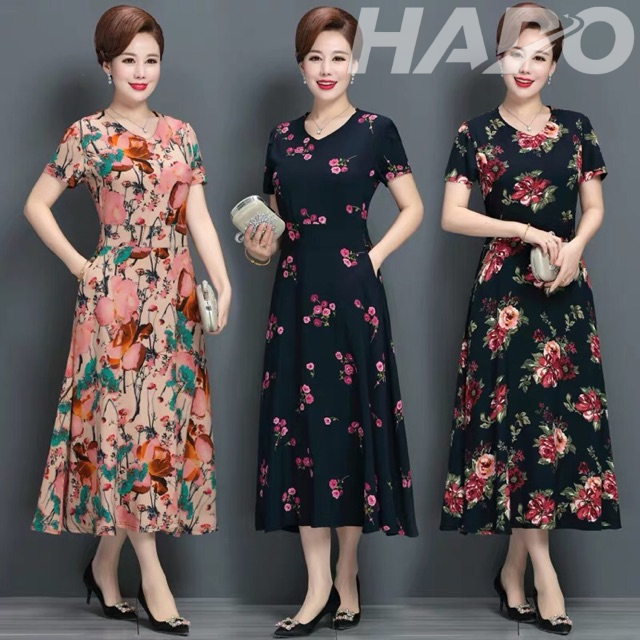 Đầm trung niên in họa tiết hoa nhã nhặn